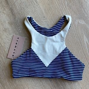 OLYMPIA ACTIVEWEAR Lyon Sports Bra Sizes S & M Brand New with Tags. Blue Stripe